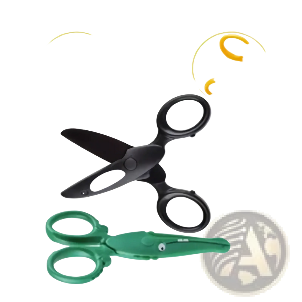 Toddler safety scissors craft set with black and green plastic blades and yellow duck head handles for children