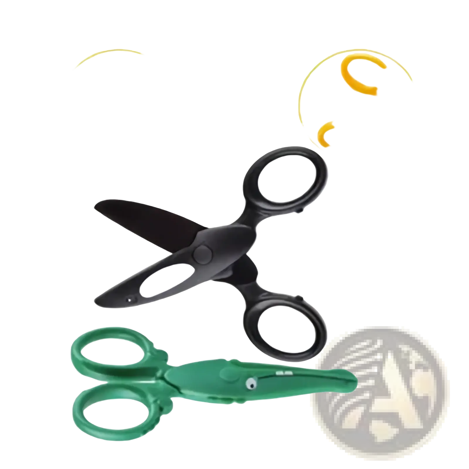 Toddler safety scissors craft set with black and green plastic blades and yellow duck head handles for children