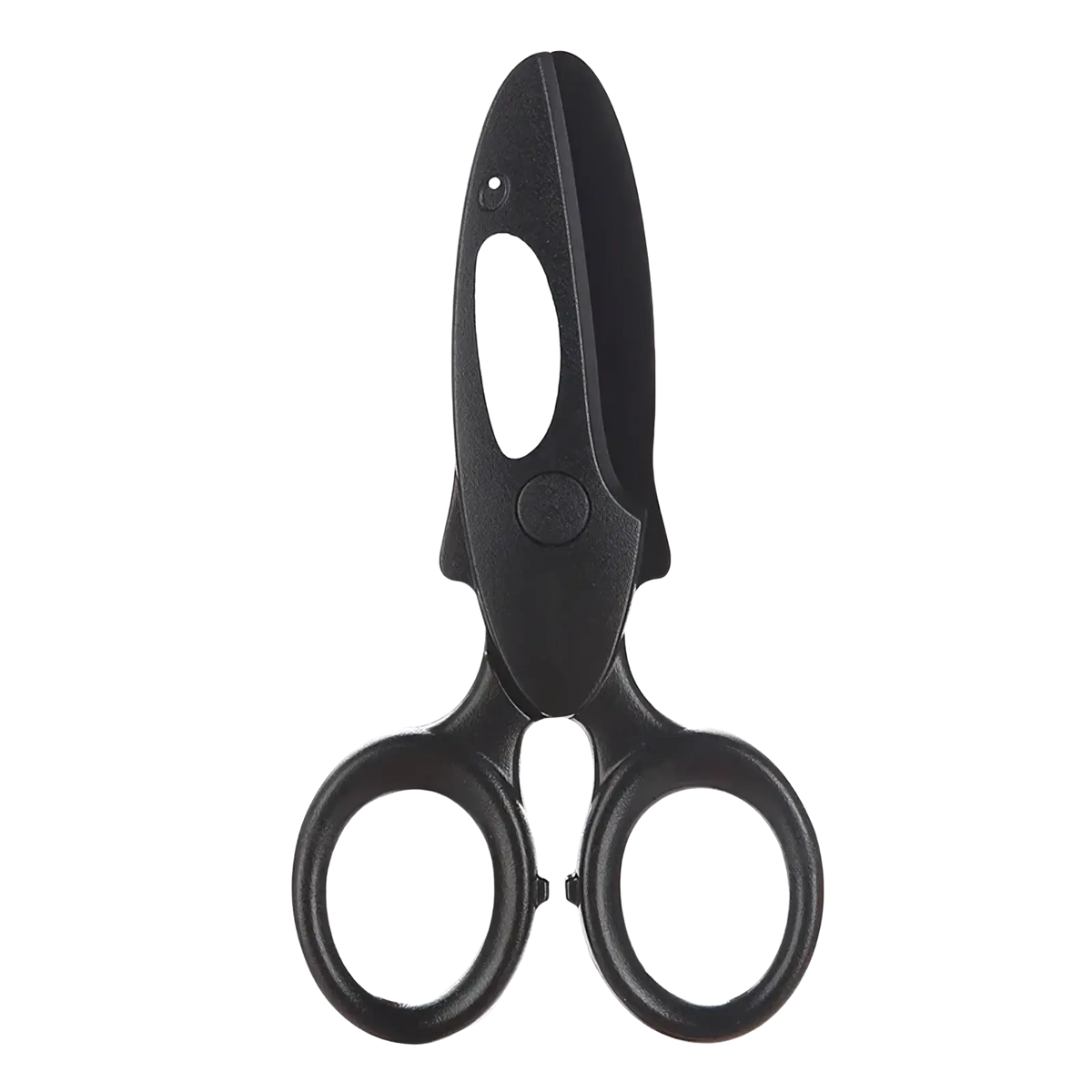 Black plastic toddler safety scissors with sleek ergonomic design and white oval accent on handle for crafts
