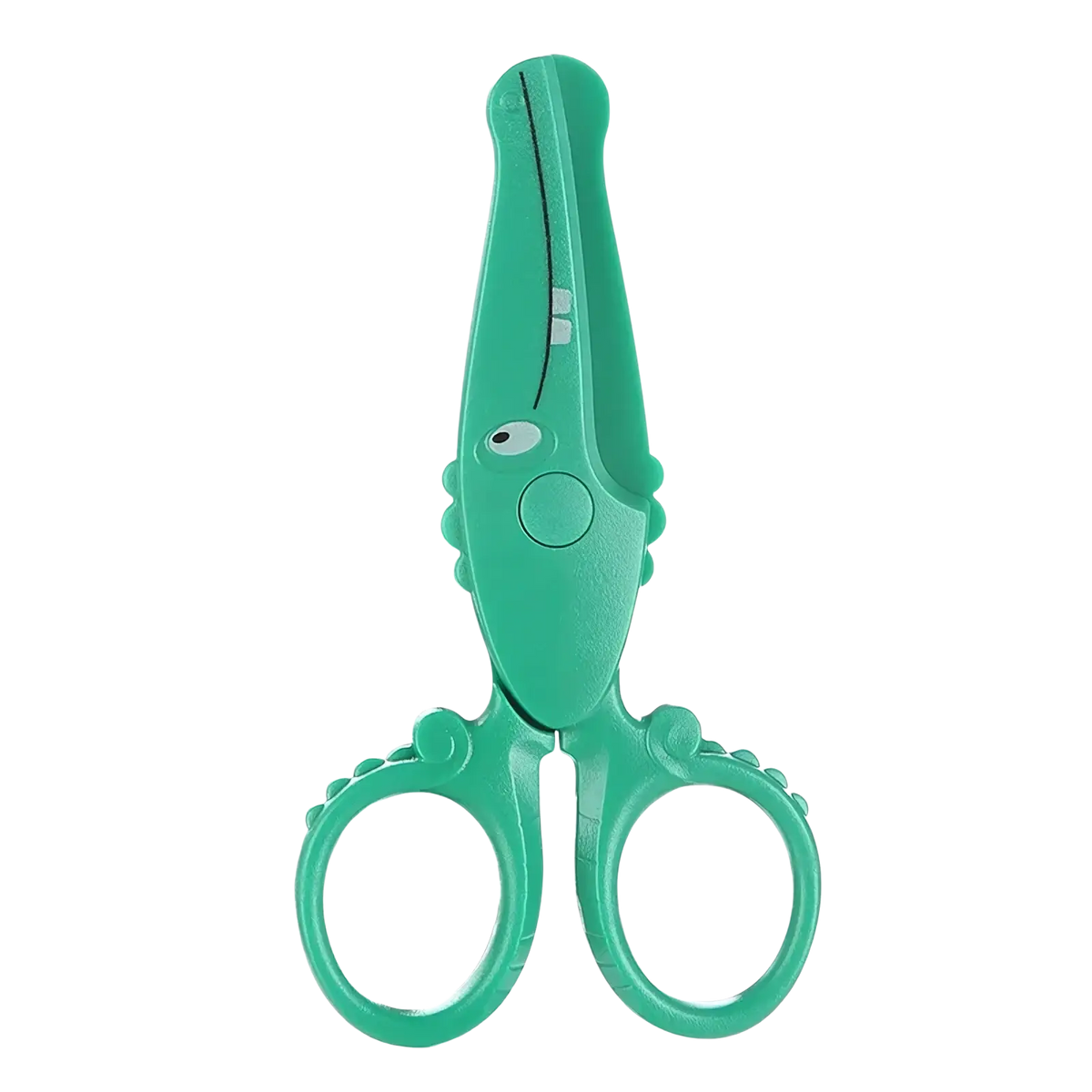 Teal plastic toddler safety scissors shaped like a crocodile with googly eyes and textured grip for crafts