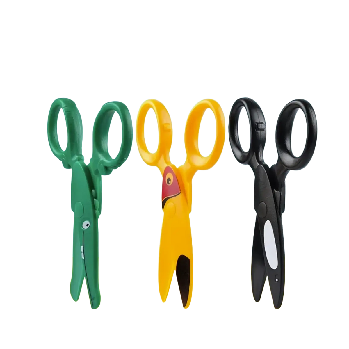 Toddler safety scissors craft set with three child-friendly scissors in green yellow and black for safe cutting activities