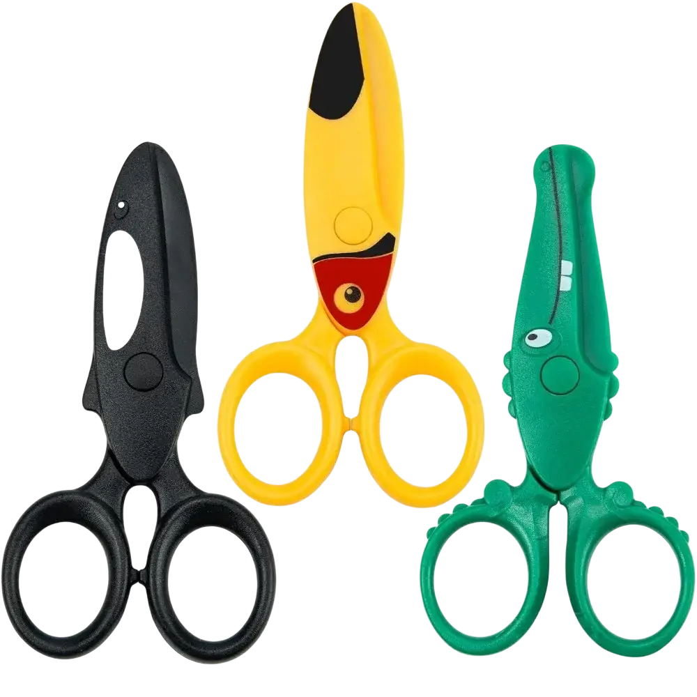 Toddler safety scissors craft set with three colorful plastic kids scissors shaped like a shark, toucan, and crocodile