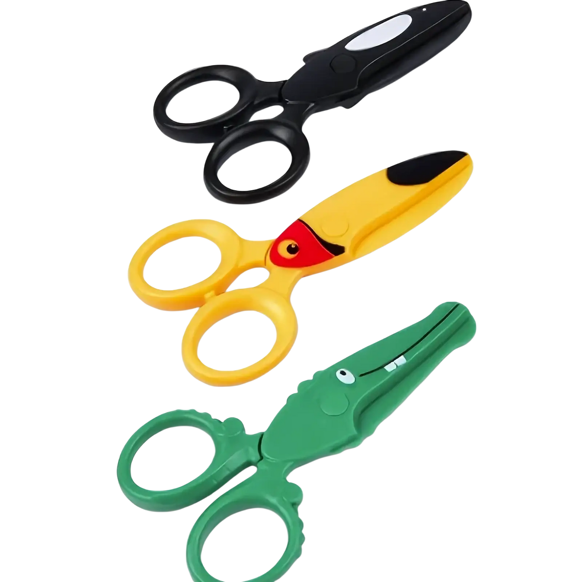 Set of three toddler safety scissors with black, yellow fish, and green alligator playful animal designs for crafts