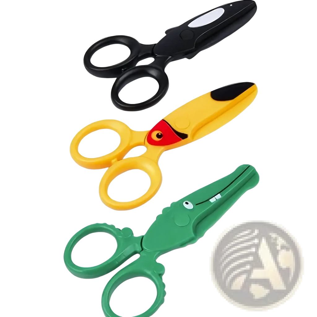 Set of three toddler safety scissors with black, yellow fish, and green alligator playful animal designs for crafts