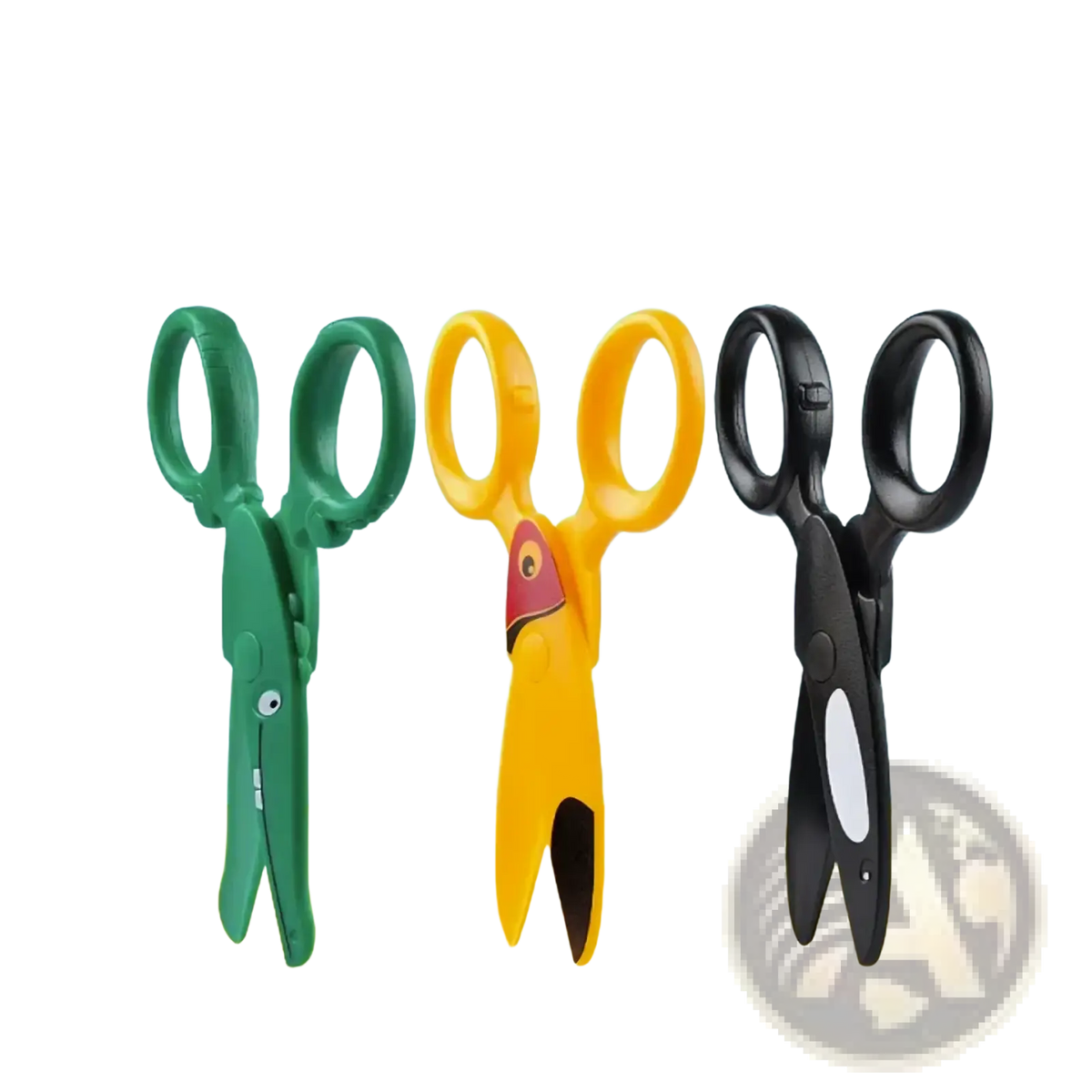Toddler safety scissors craft set with three child-friendly scissors in green yellow and black for safe cutting activities