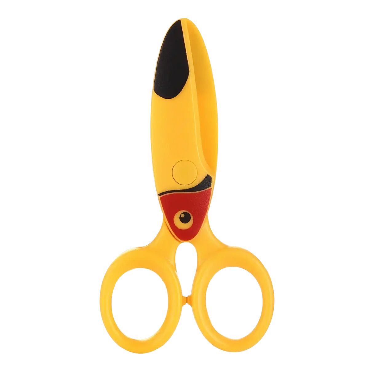 Yellow toddler safety scissors with toucan design featuring black and red handle accents for craft use