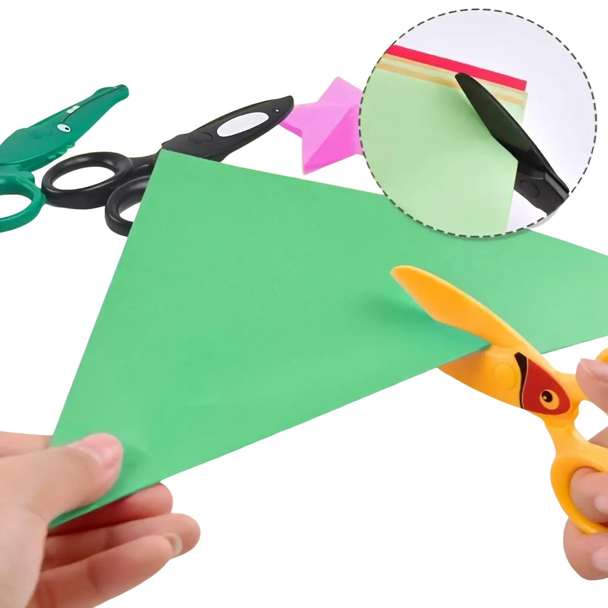 Yellow toddler safety scissors with red eye detail on plastic handles designed for children crafting
