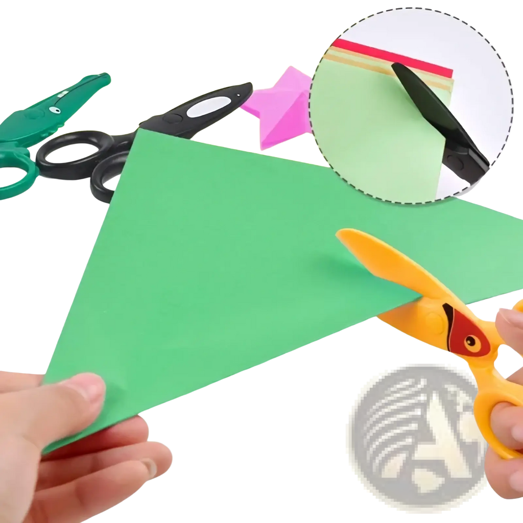 Yellow toddler safety scissors with red eye detail on plastic handles designed for children crafting
