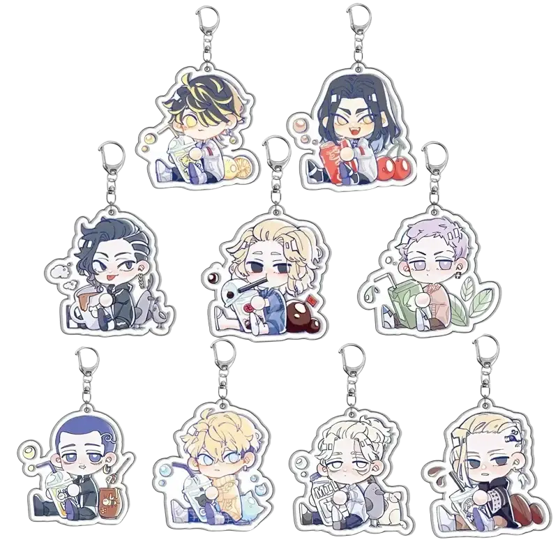 Set of nine tokyo revengers acrylic chibi keychains with colorful printed designs and silver metal clasps