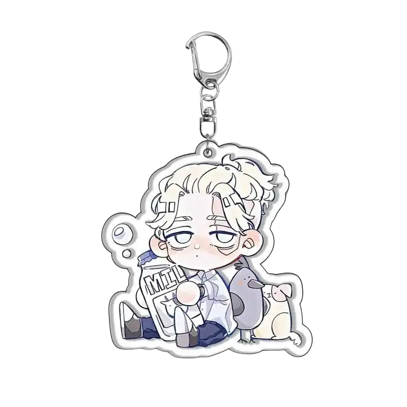 Silver acrylic tokyo revengers keychain featuring a chibi white-haired character holding a milk bottle with two animals