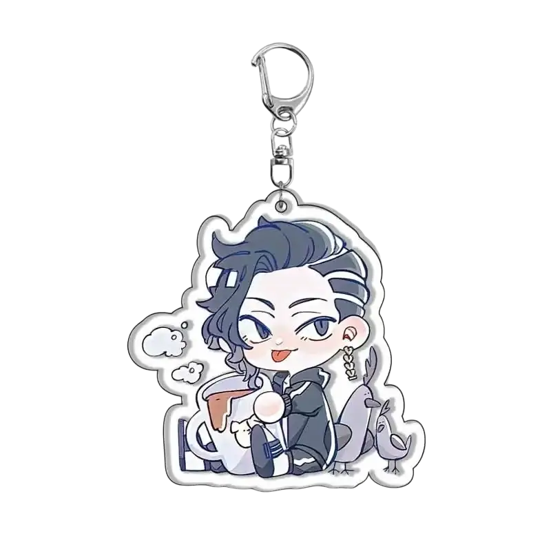 Chibi-style tokyo revengers acrylic keychain featuring character with dark blue striped hair holding mug beside bird
