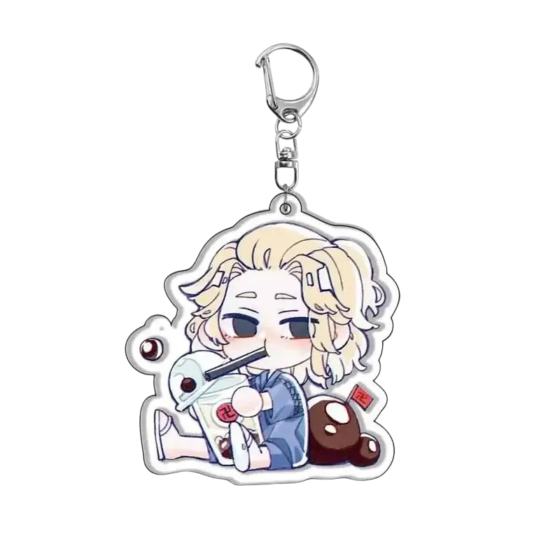 Tokyo revengers acrylic chibi keychain set featuring a blonde character in blue sipping a drink with small accessories