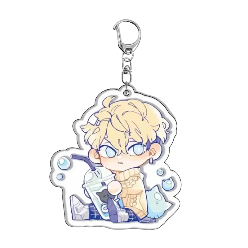 Translucent acrylic tokyo revengers keychain featuring a chibi blonde character with blue eyes holding a bubble drink and cats