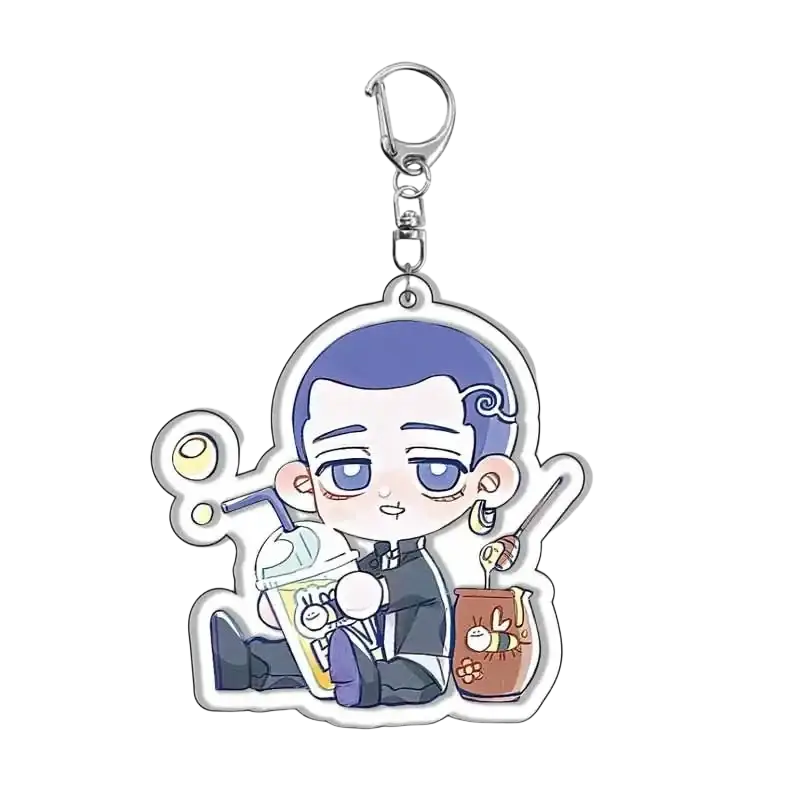 Tokyo Revengers acrylic chibi keychain featuring a translucent purple-haired character in black suit holding drink and honey jar