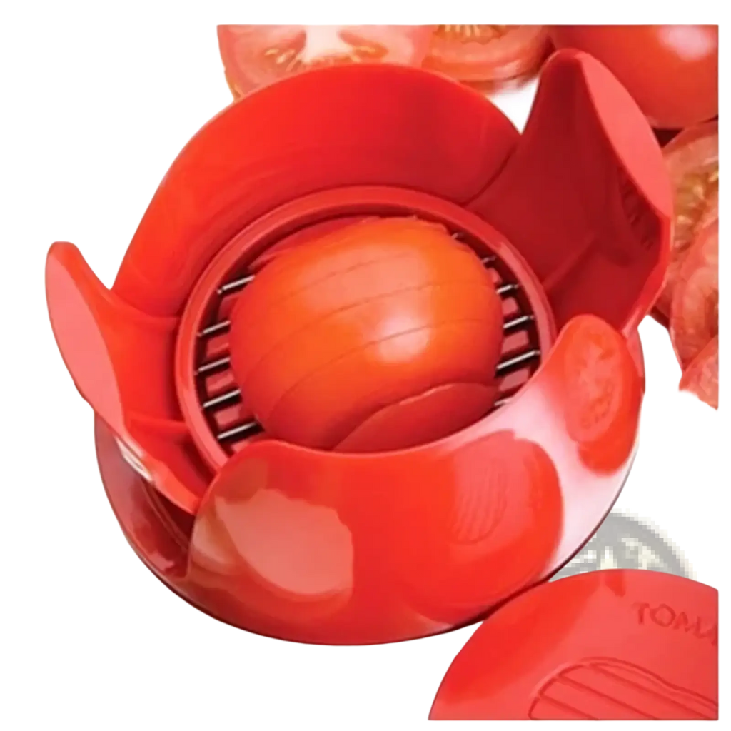 Red plastic tomato slicer and mozzarella cutter kitchen tool with circular grating and petal-like handles