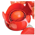 Red plastic tomato slicer and mozzarella cutter kitchen tool with circular grating and petal-like handles