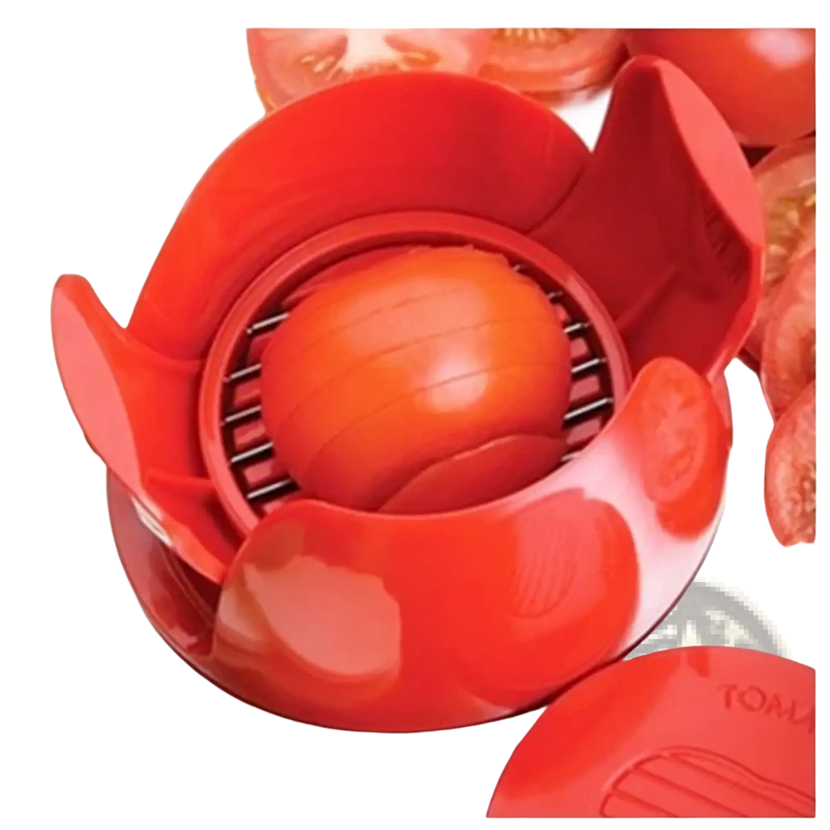 Red plastic tomato slicer and mozzarella cutter with flower-like design and metal grates for kitchen use