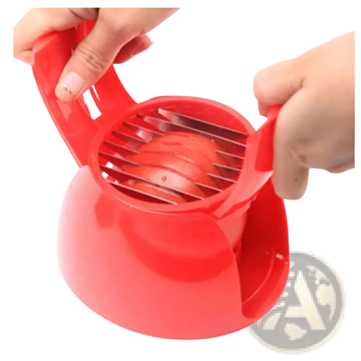 Red plastic tomato slicer with metal blades designed for slicing tomatoes and mozzarella in the kitchen