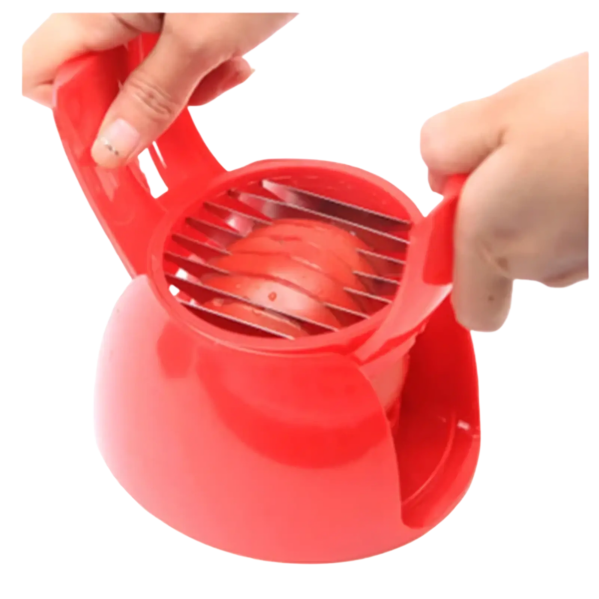 Red plastic tomato slicer with metal blades designed for slicing tomatoes and mozzarella in the kitchen
