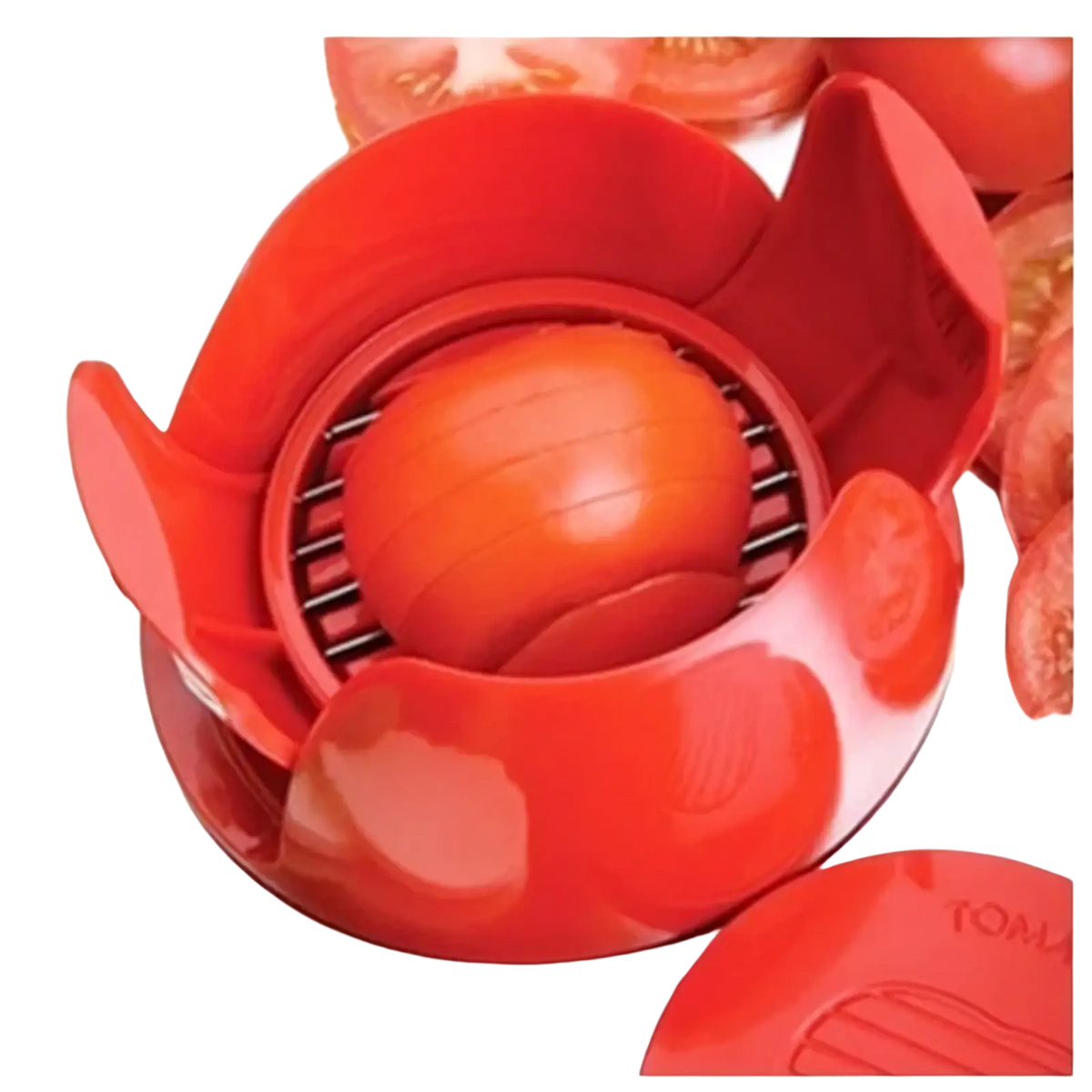 Red plastic tomato slicer and mozzarella cutter with flower-like design and metal grates for kitchen use