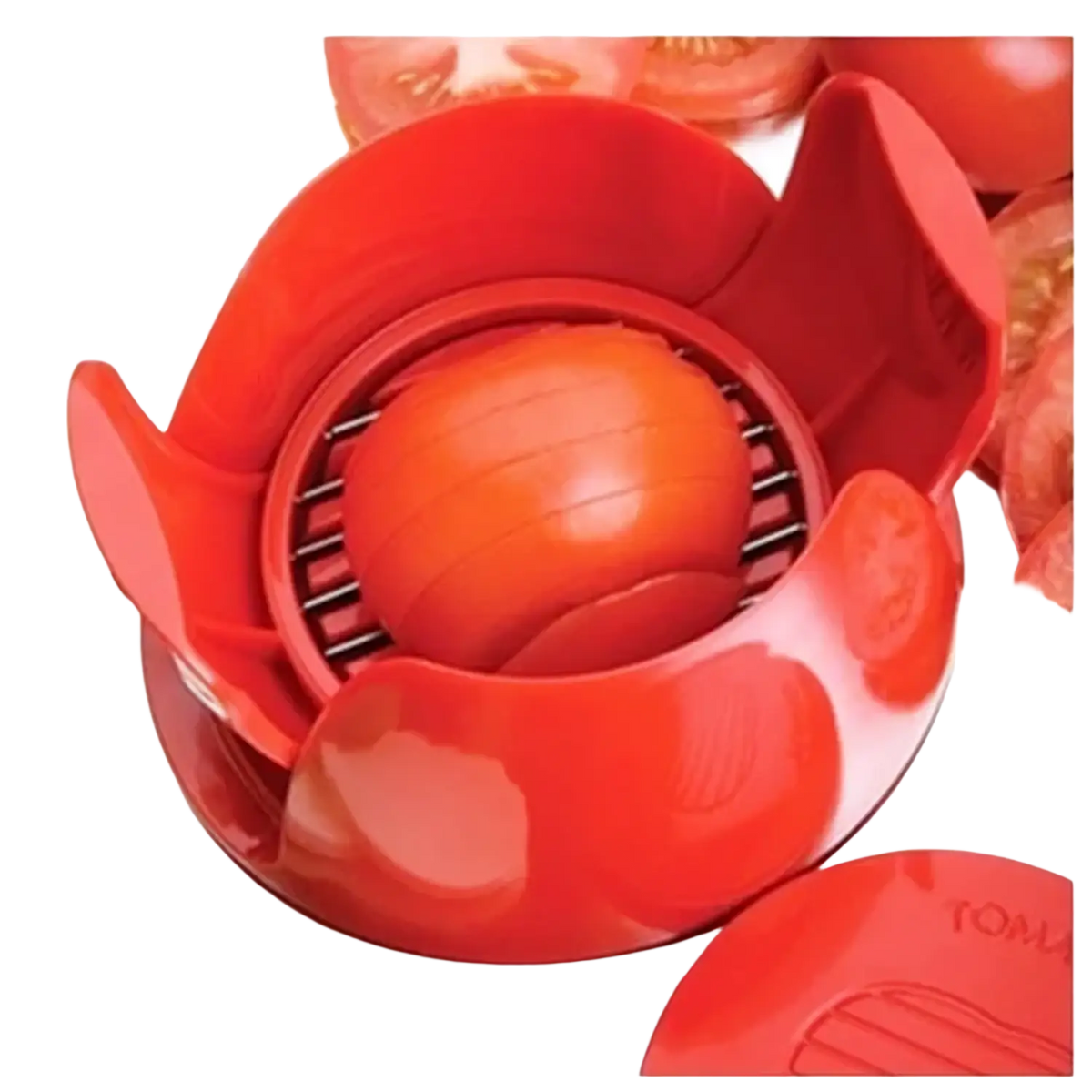 Red plastic tomato slicer and mozzarella cutter kitchen tool with circular grating and petal-like handles