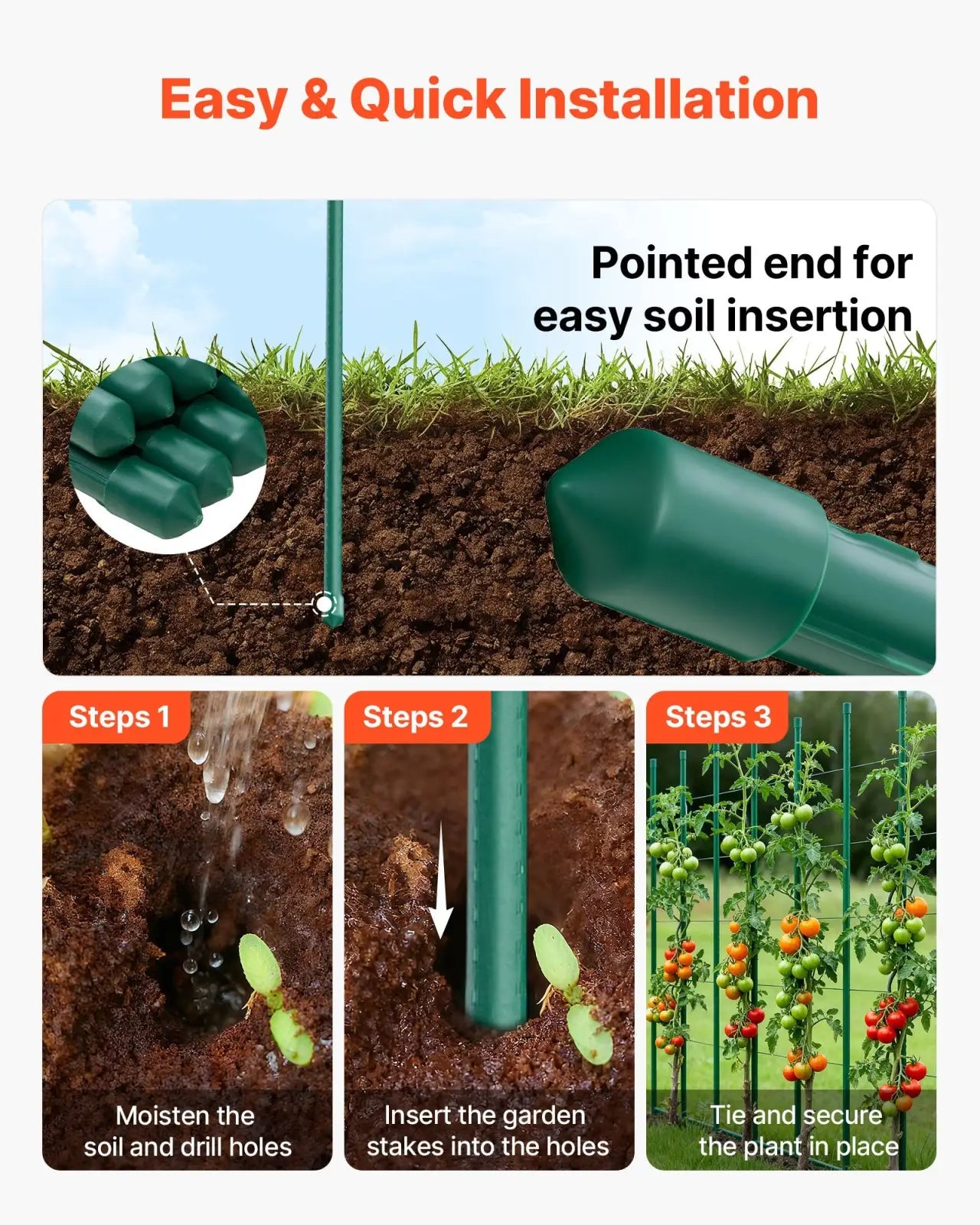 Green plastic tomato stakes with pointed ends for easy soil insertion 50 pack 71 inch metal plant support
