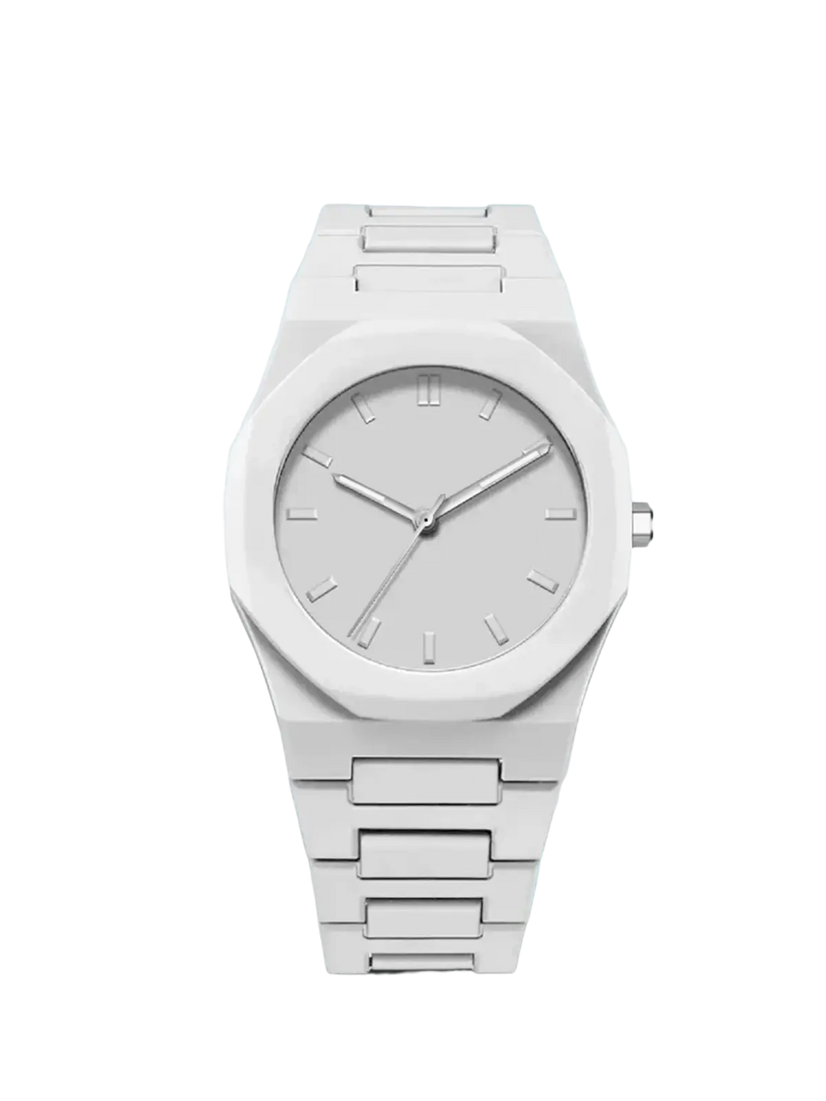 Tomi minimalist white ceramic men watch with a sleek geometric case and minimalist design on the dial