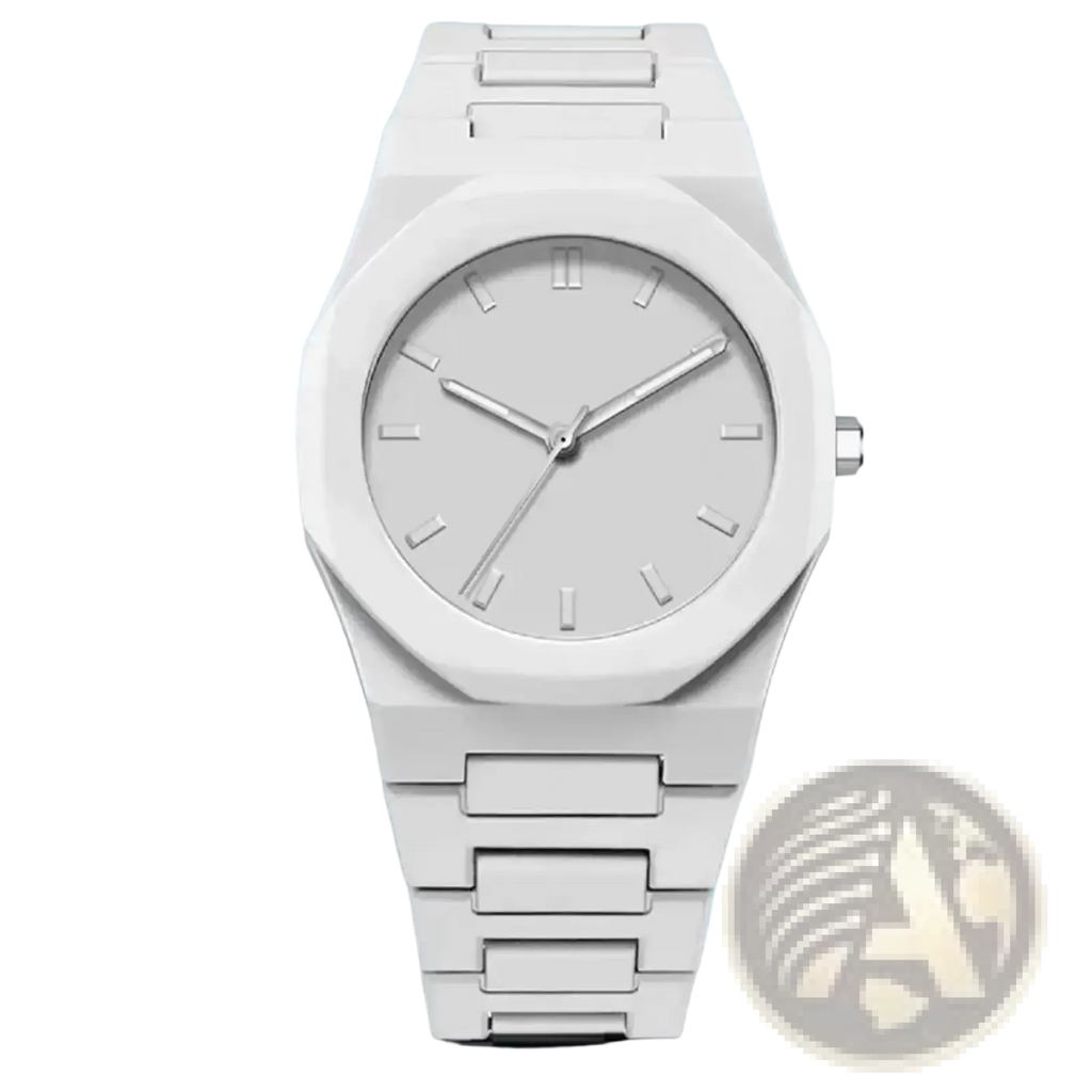 Tomi minimalist white ceramic men watch with silver-toned hands and hour markers on a clean face