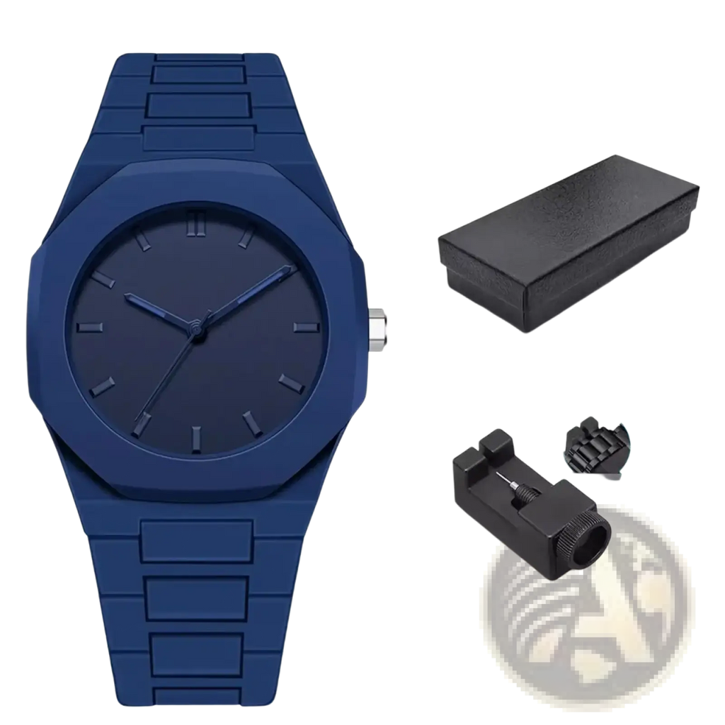 Navy blue silicone Tomi minimalist white ceramic men watch with a rectangular case and minimalist dial