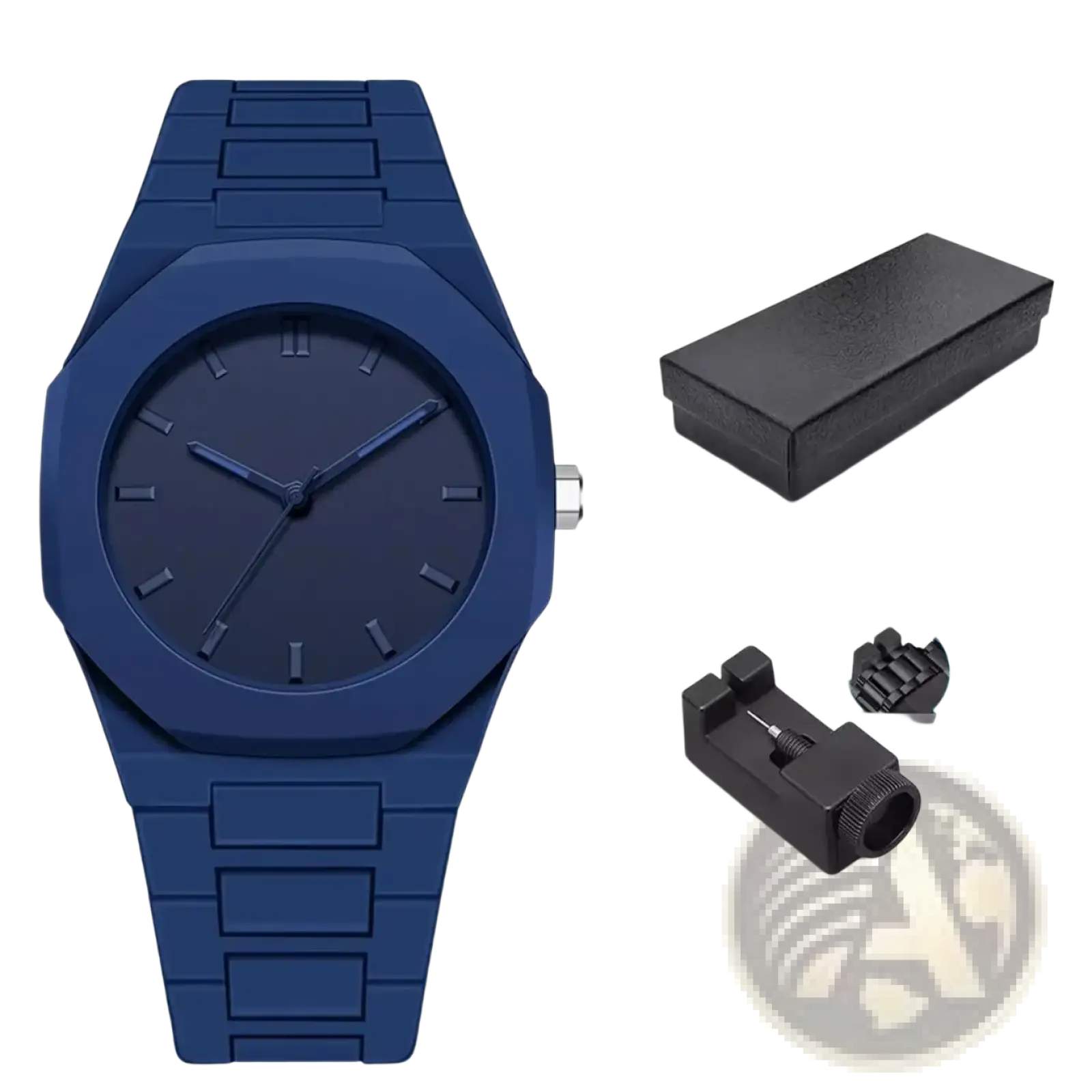 Navy blue silicone Tomi minimalist white ceramic men watch with a rectangular case and minimalist dial