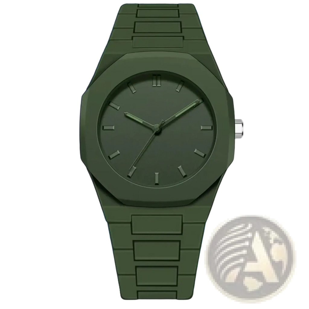 Olive green tomi minimalist white ceramic men watch with octagonal case minimalist dial and silicone strap