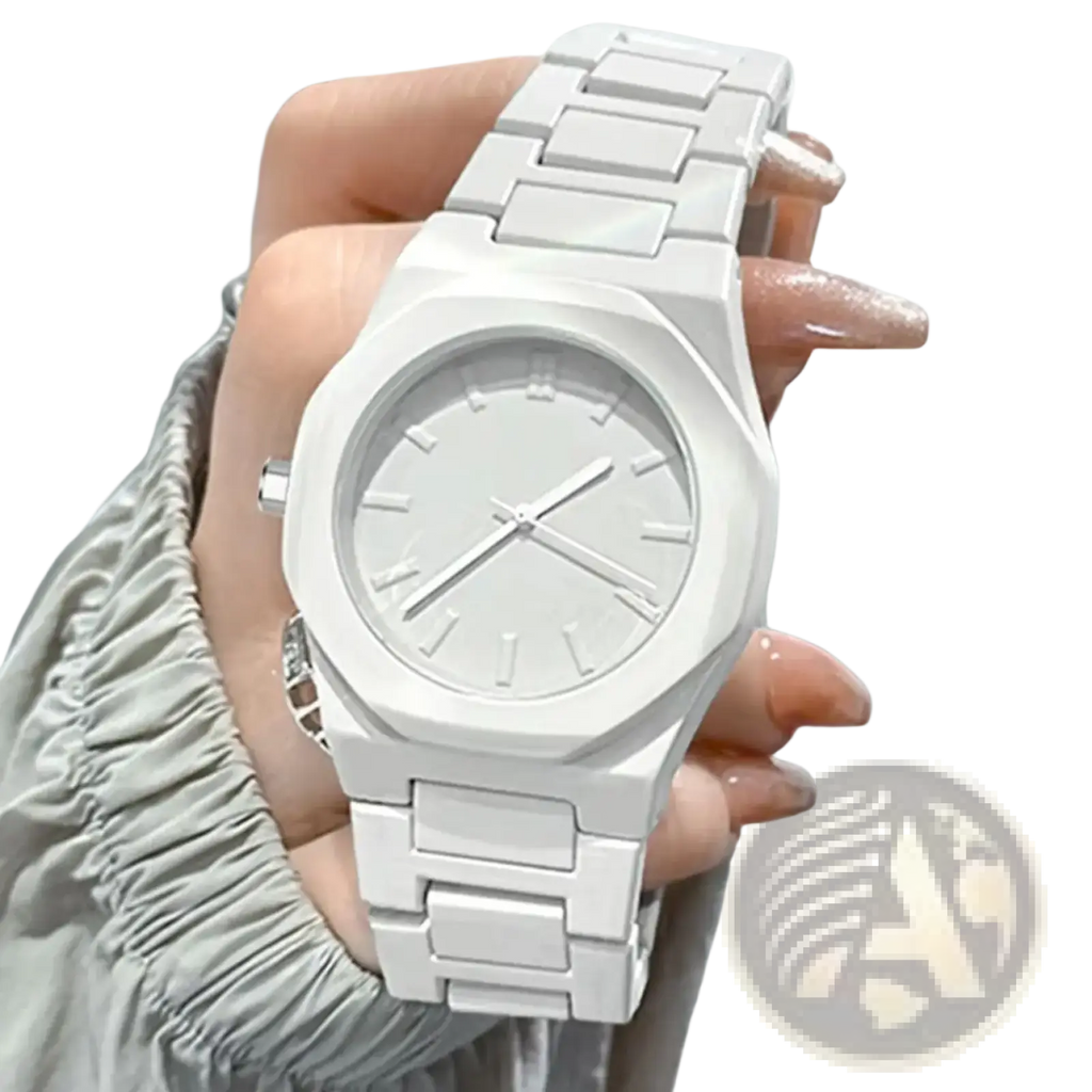 Tomi minimalist white ceramic men watch with a sleek all-white ceramic case and geometric design