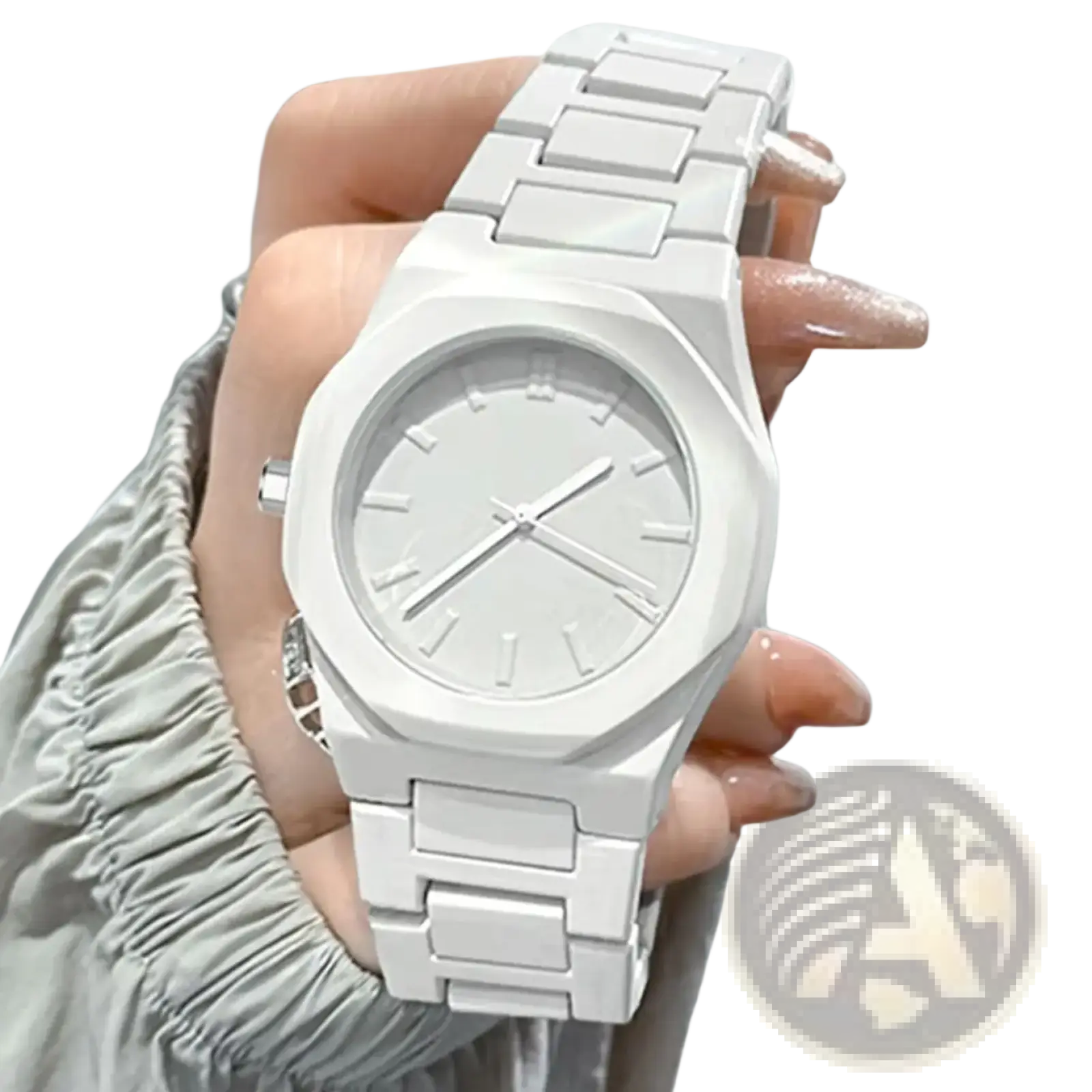 Tomi minimalist white ceramic men watch with a sleek all-white ceramic case and geometric design