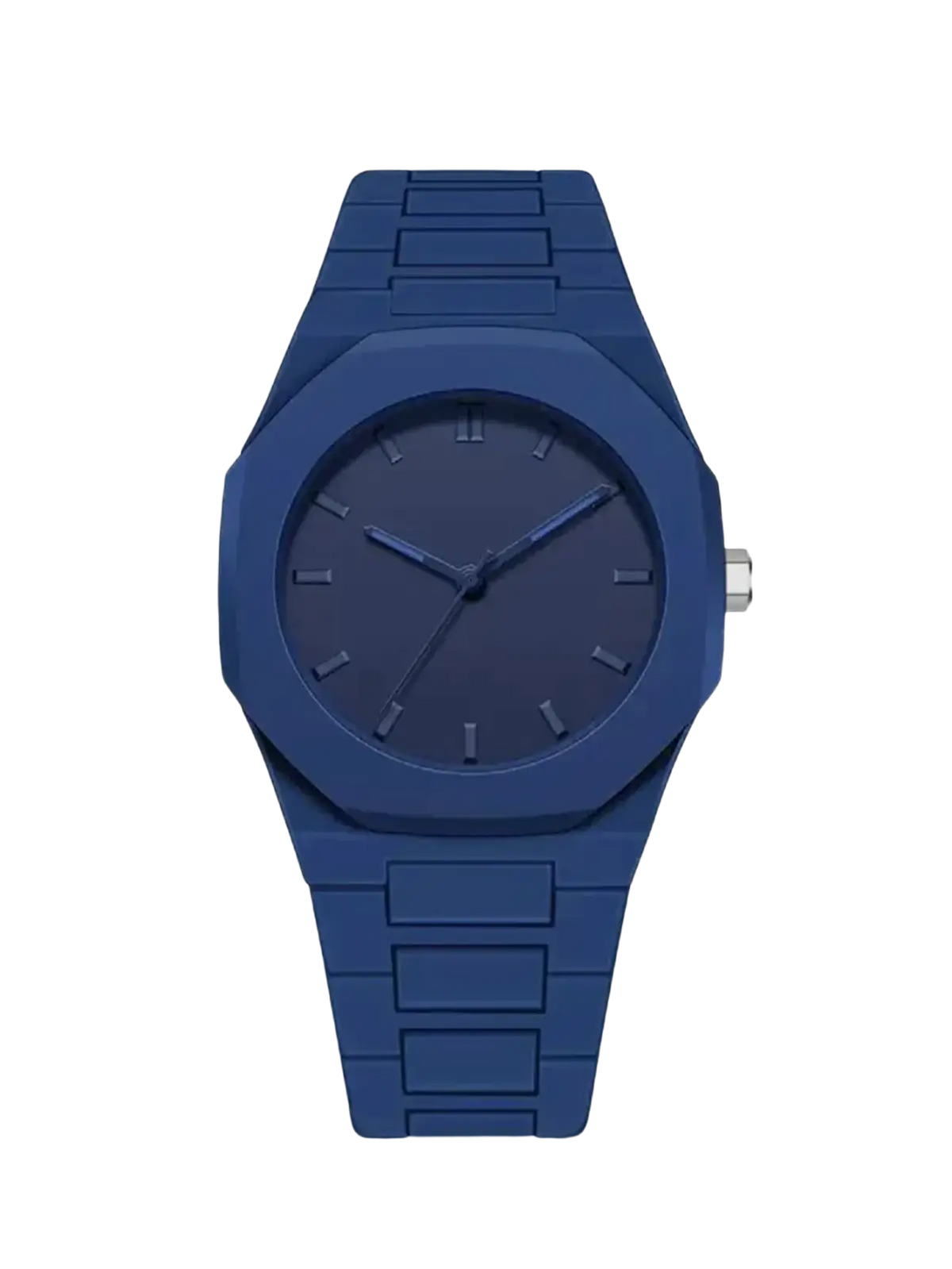 Tomi minimalist white ceramic men watch with a sleek navy blue matte octagonal case and matching link bracelet