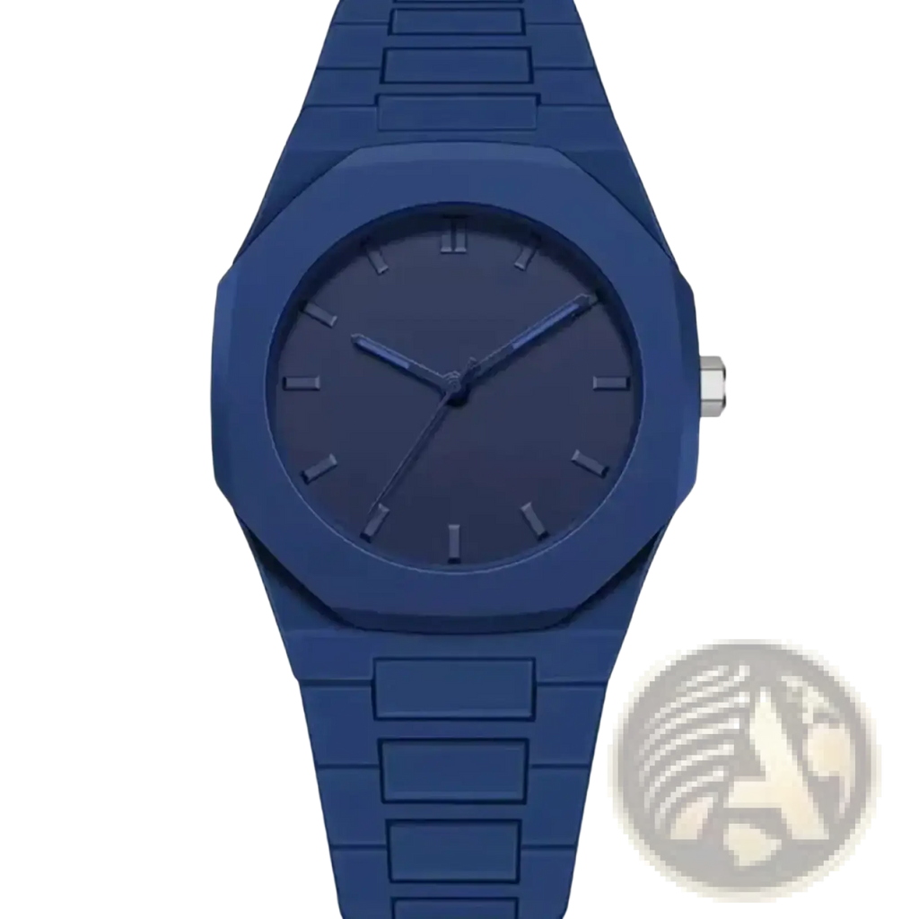 A sleek navy blue Tomi minimalist men watch with octagonal white ceramic case and matching matte strap