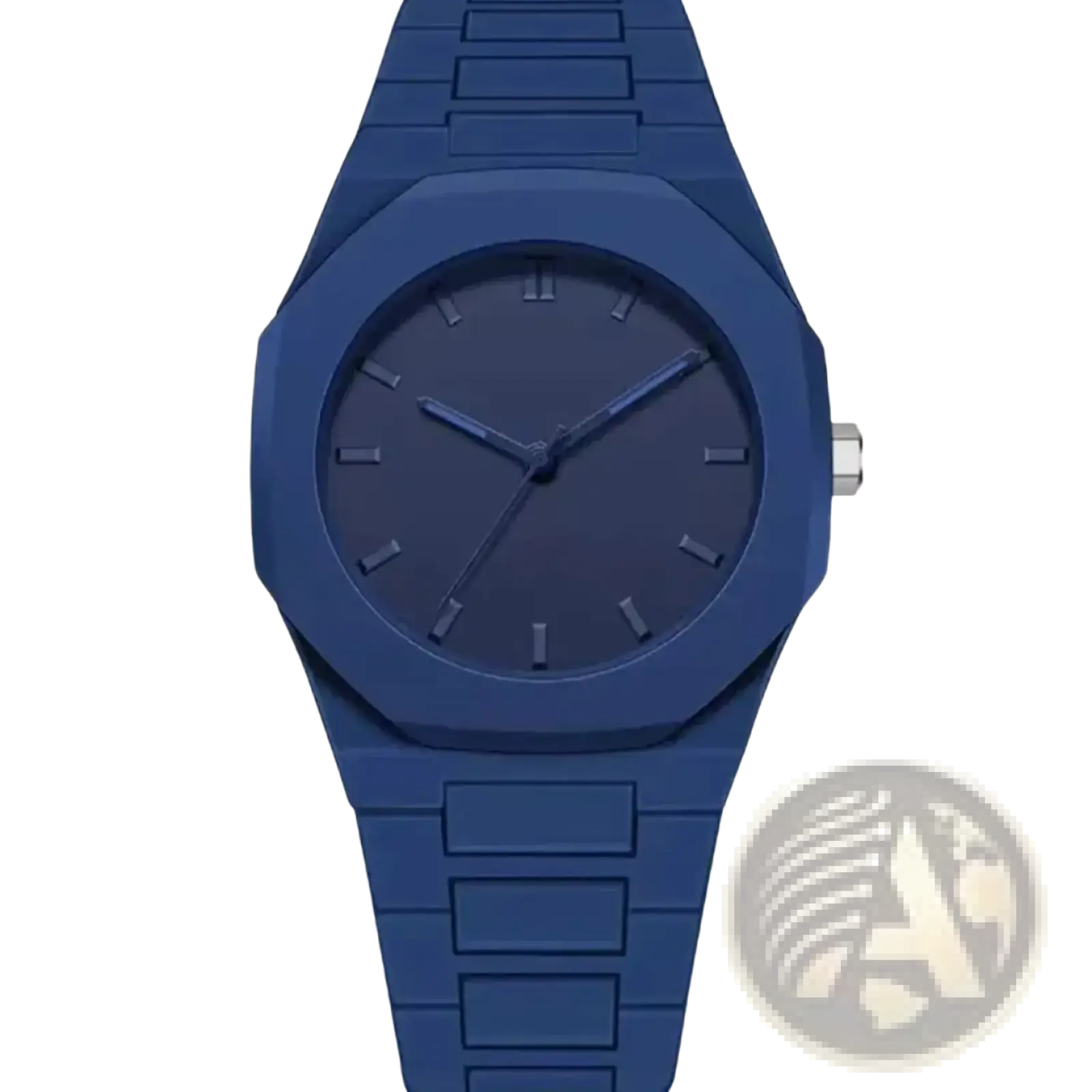 A sleek navy blue Tomi minimalist men watch with octagonal white ceramic case and matching matte strap
