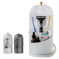 Toothbrush holder with sliding cover and 3 slots featuring a clear ribbed glass dome and gold-toned top for bathroom essentials
