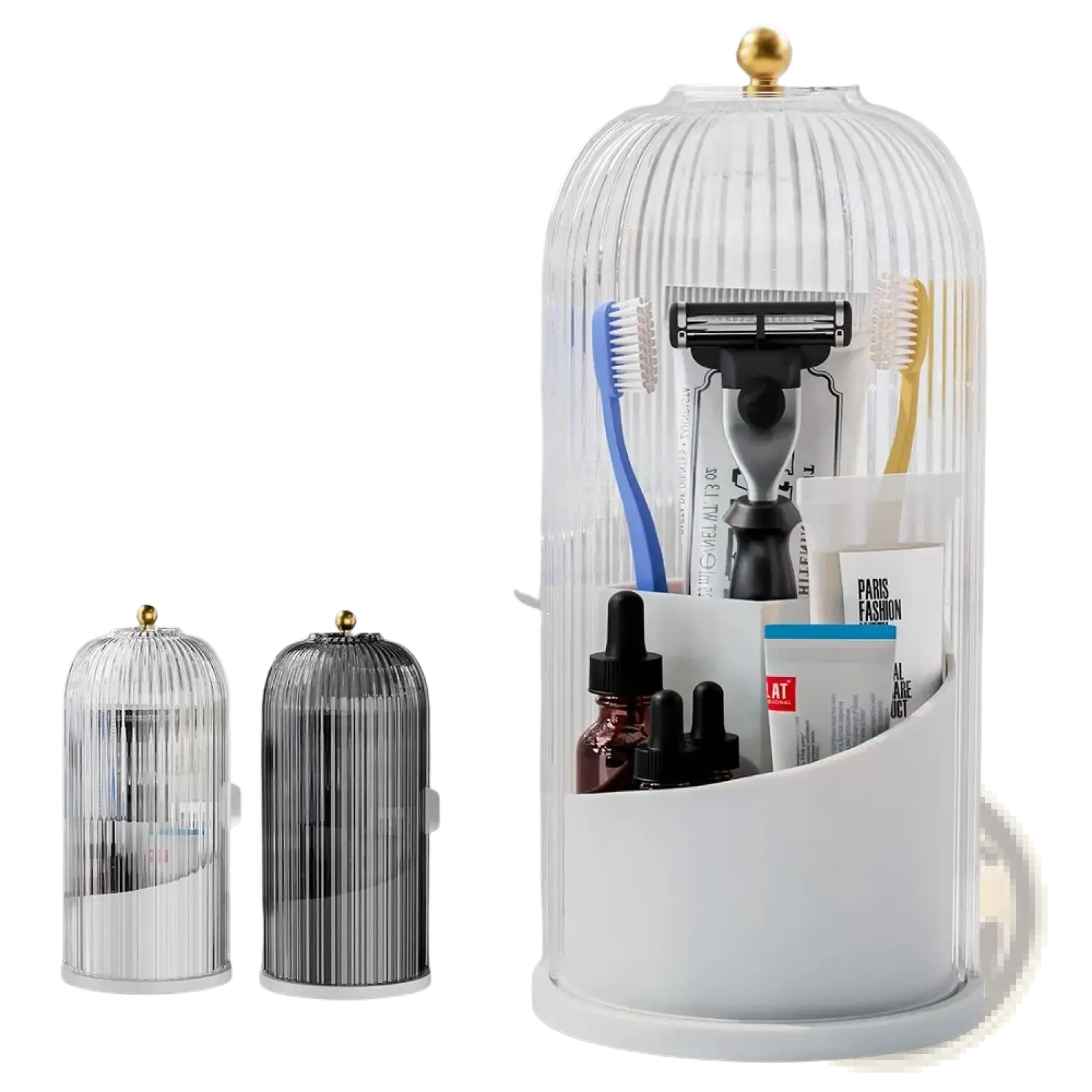 Toothbrush holder with sliding cover and 3 slots featuring a clear ribbed glass dome and gold-toned top for bathroom essentials