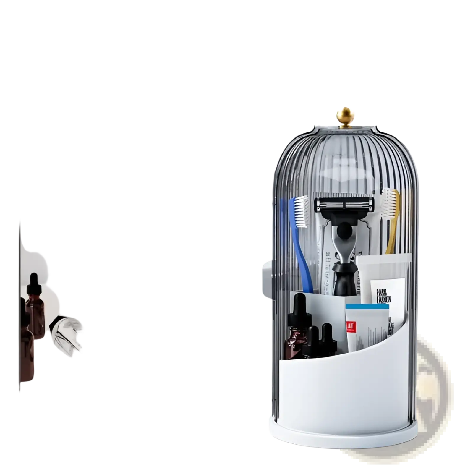 Toothbrush holder with sliding cover and three slots featuring a glass dome, white base, and gold-toned top accent