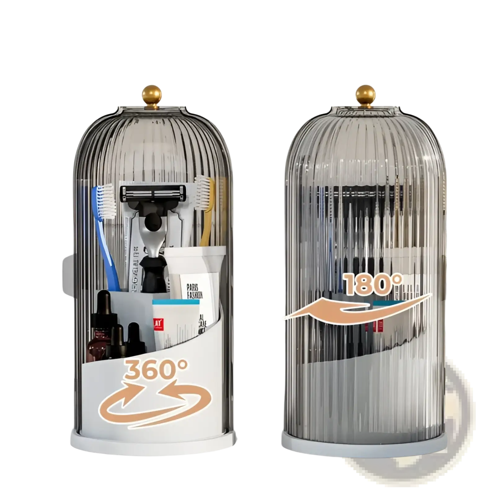 Toothbrush holder with sliding cover and 3 slots made of transparent ribbed glass with gold-toned dome lid and silver base