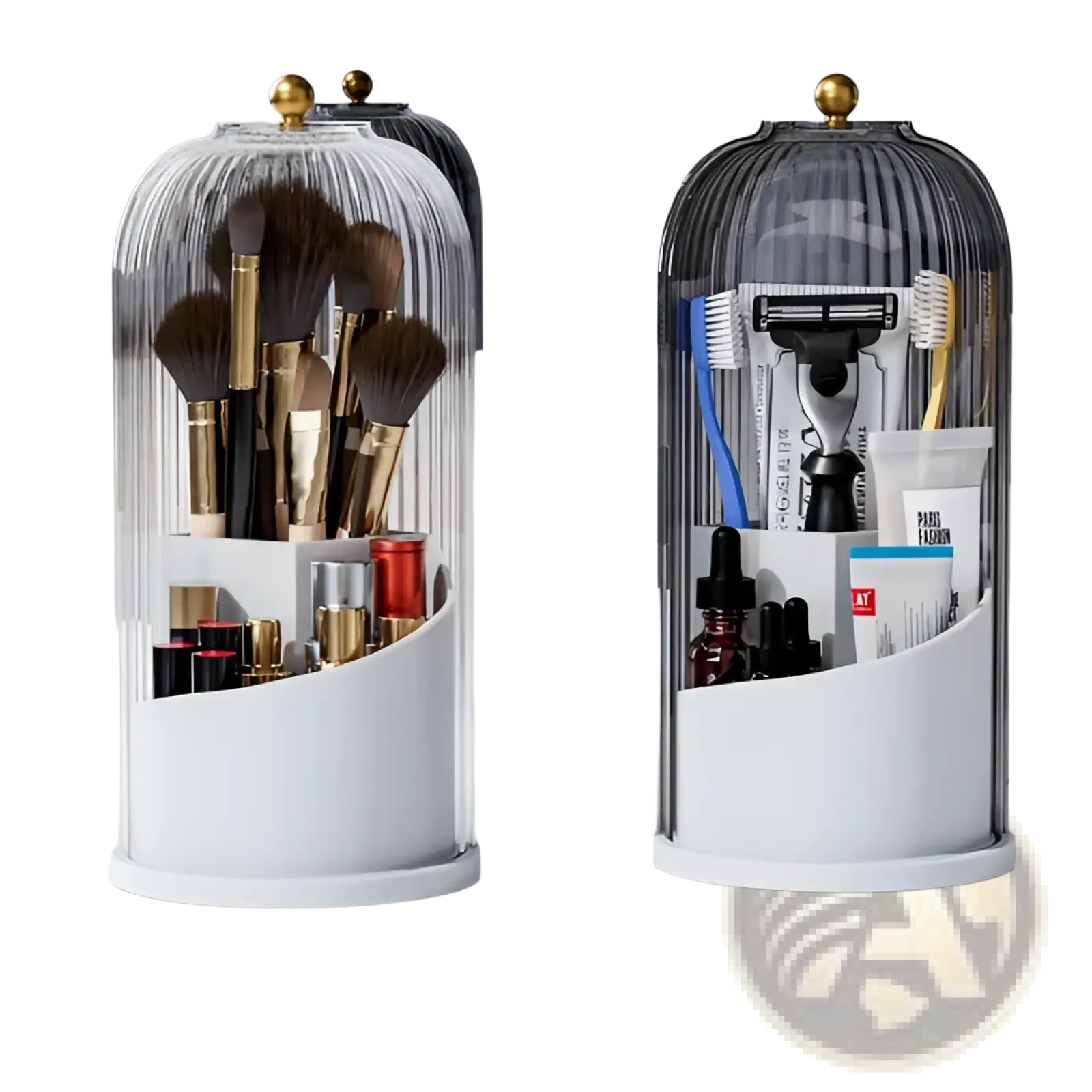 Toothbrush holder with sliding cover and three slots in transparent ribbed glass dome with gold-toned finial housing brushes
