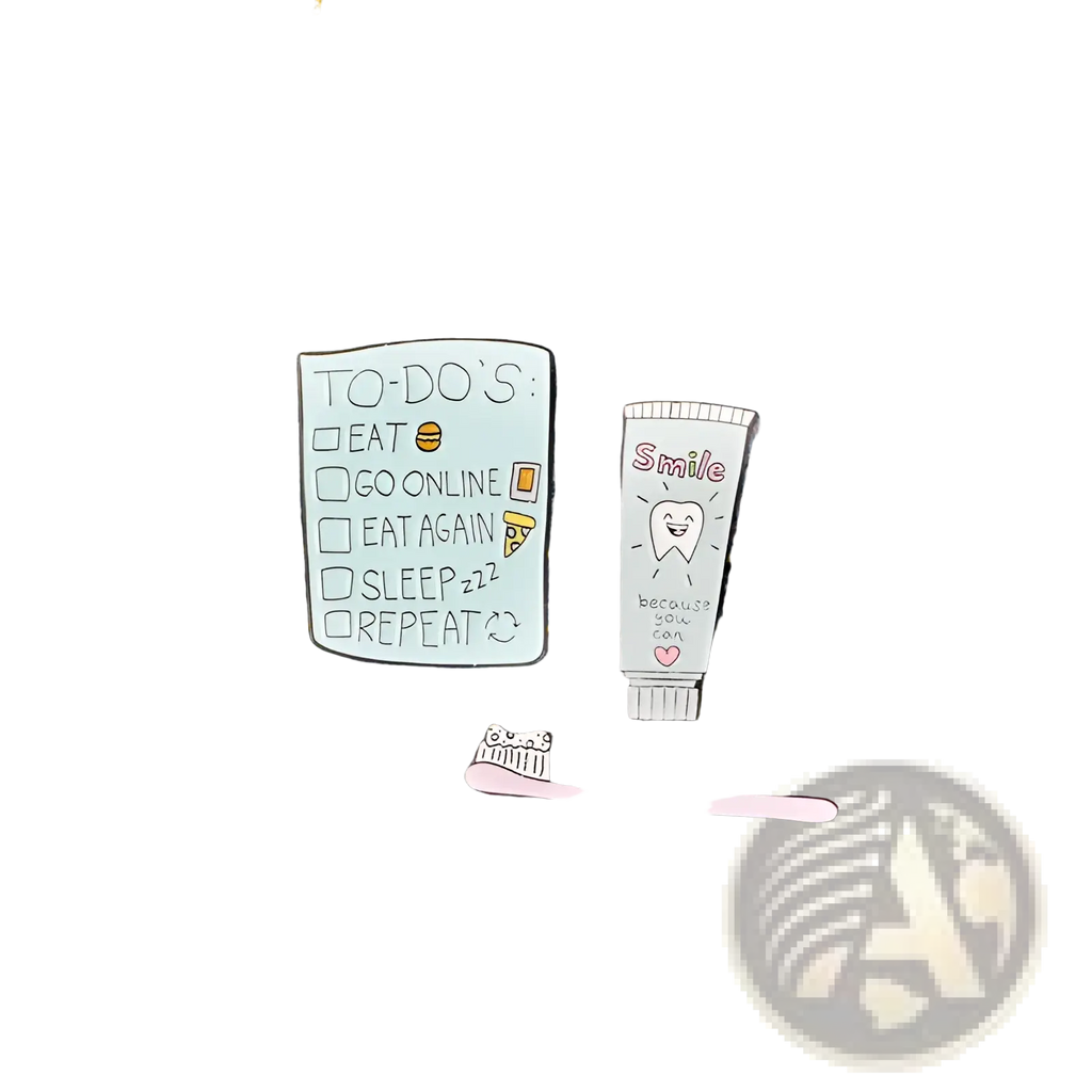 Toothpaste smile enamel pin in light blue enamel shaped like a to-do list with colorful activity icons and white checkboxes
