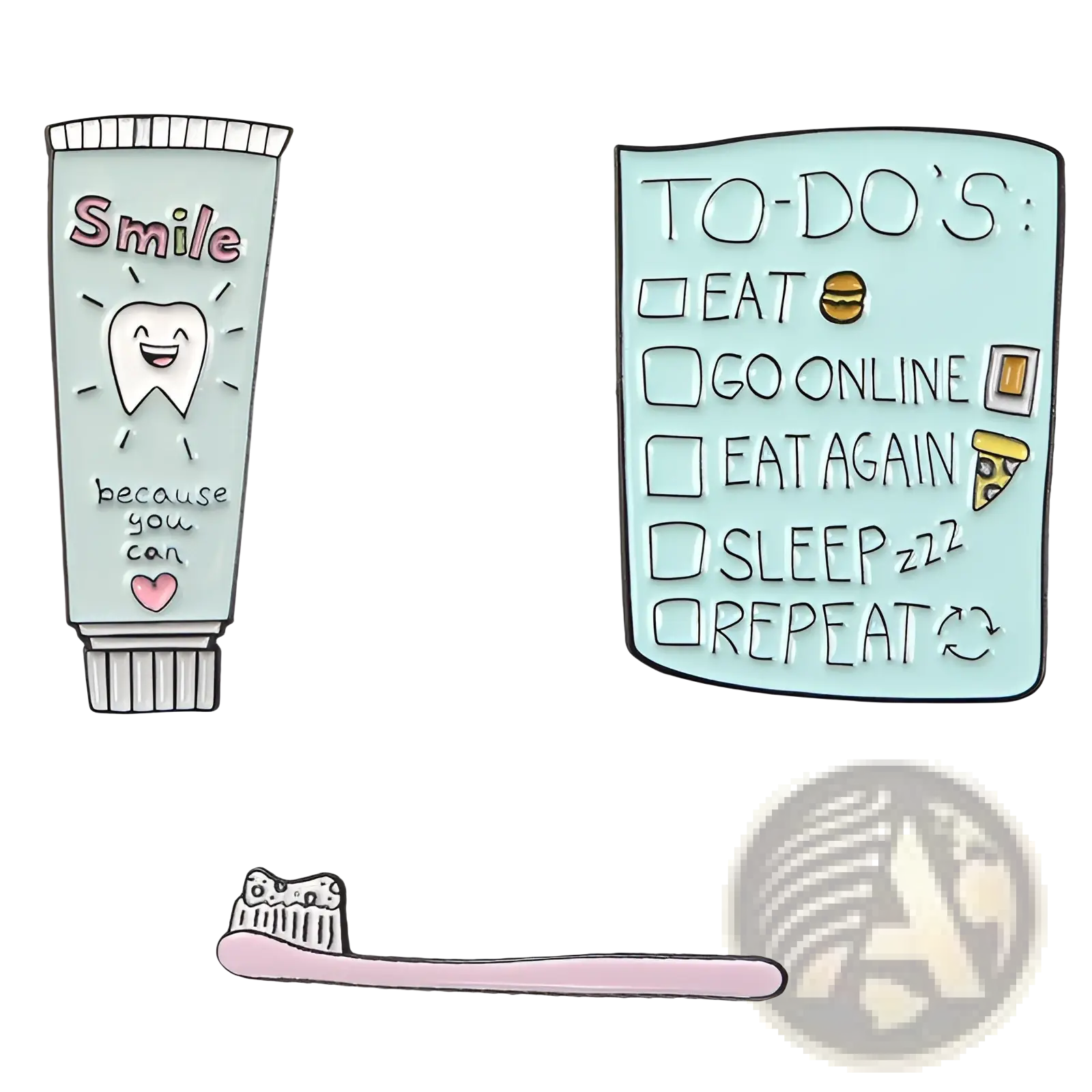 Mint green enamel pin shaped like a toothpaste tube with smile text and smiling tooth illustration brooch