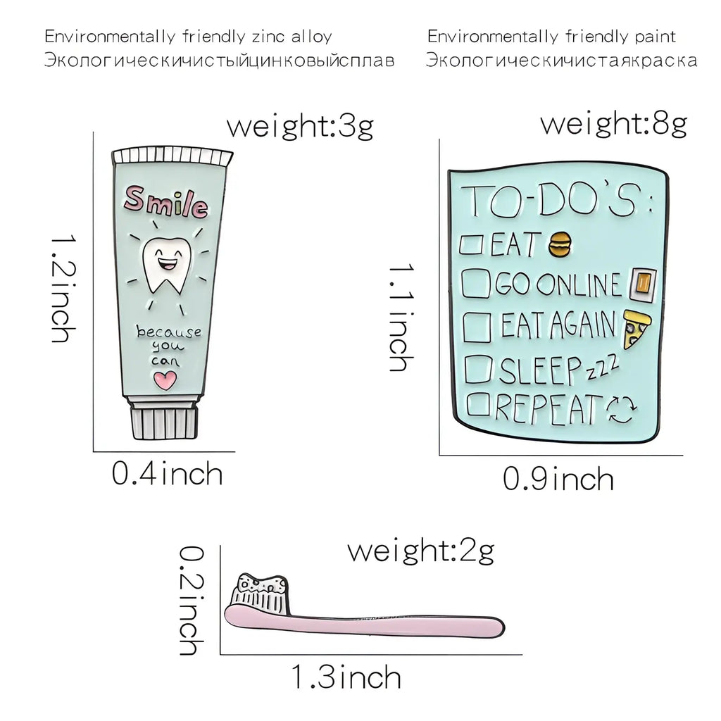 Light blue enamel pin toothpaste tube with smiling cartoon tooth and pink smile lettering cartoon tooth brooch