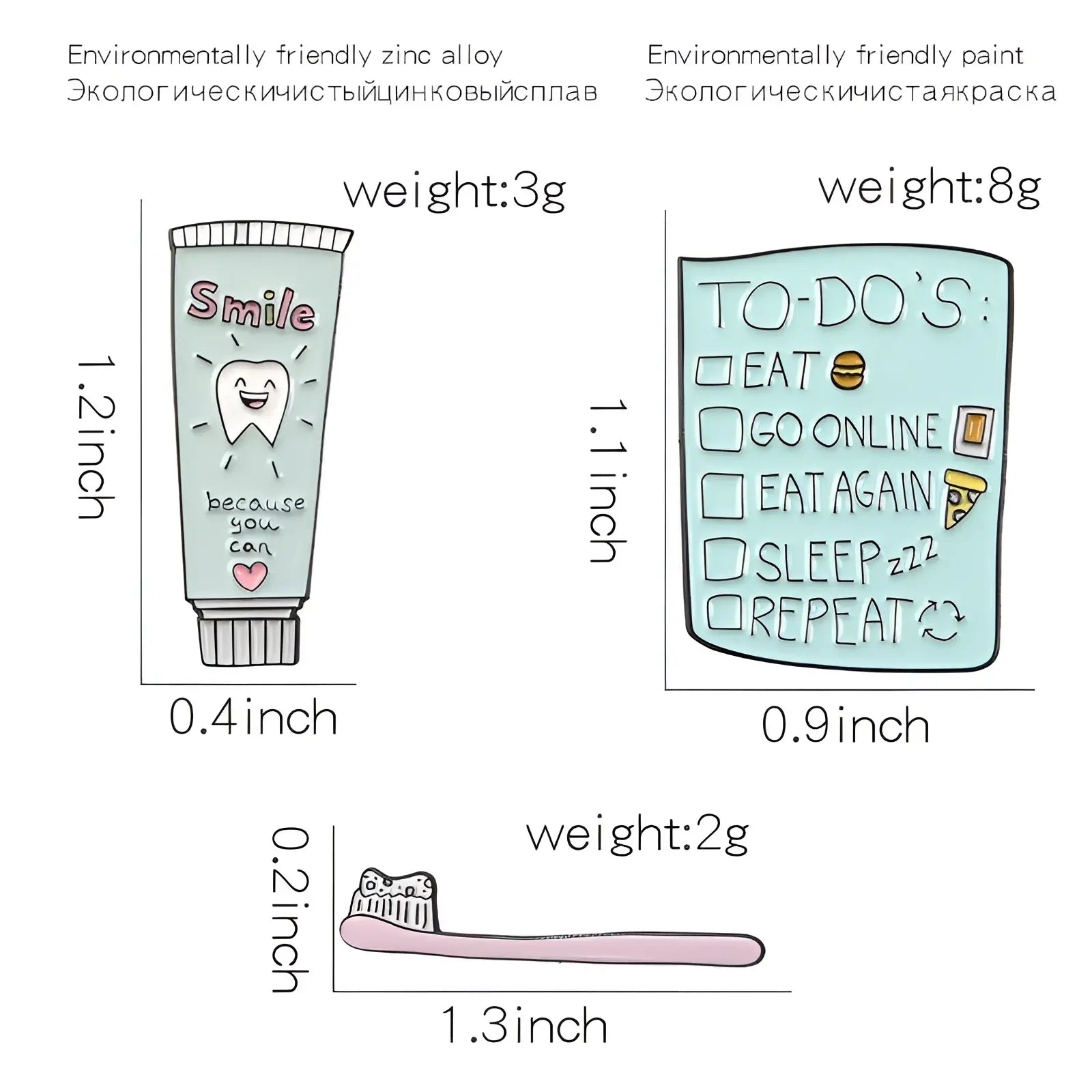 Light blue enamel pin toothpaste tube with smiling cartoon tooth and pink smile lettering cartoon tooth brooch