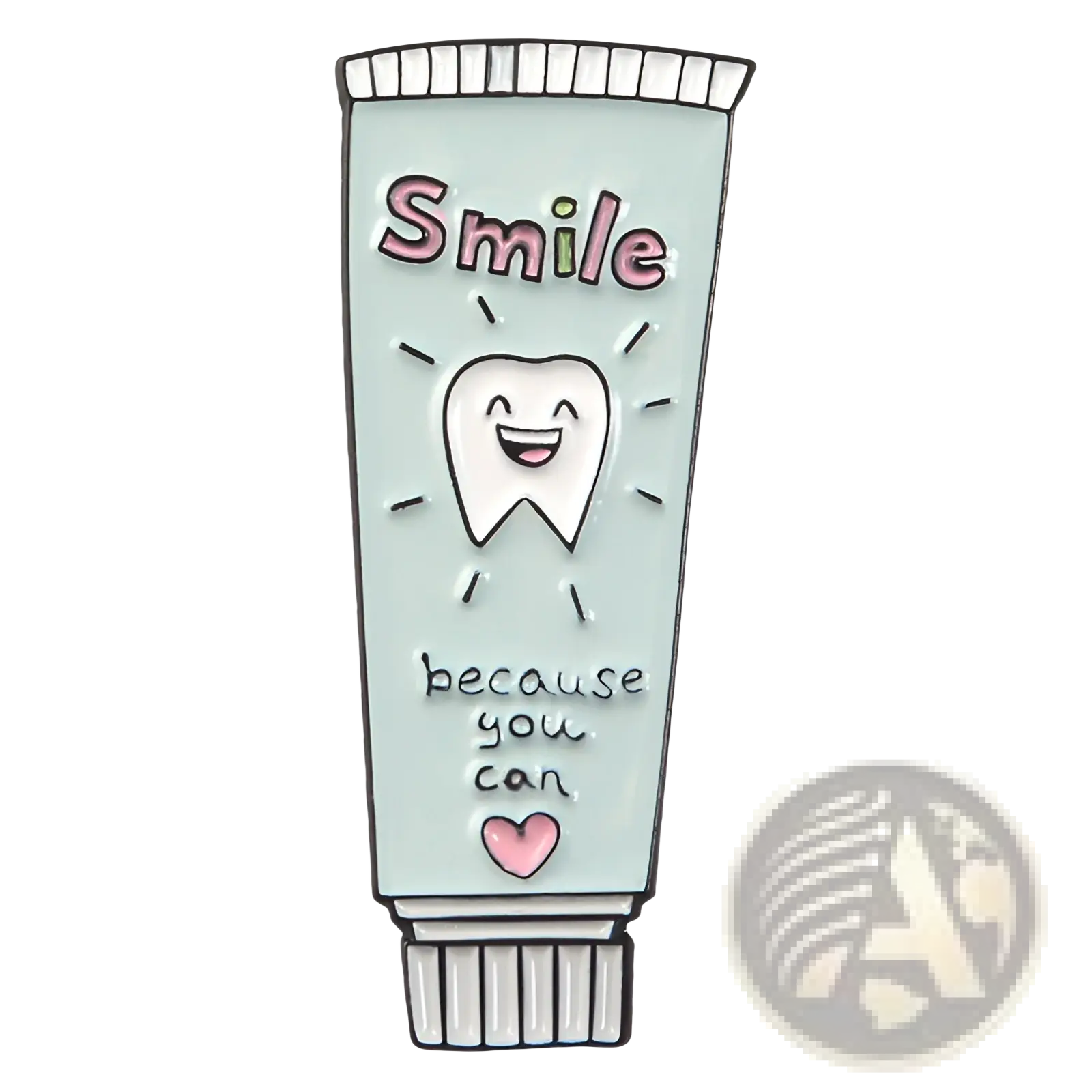 A mint green enamel pin shaped like a toothpaste tube with smile lettering and a cartoon tooth illustration