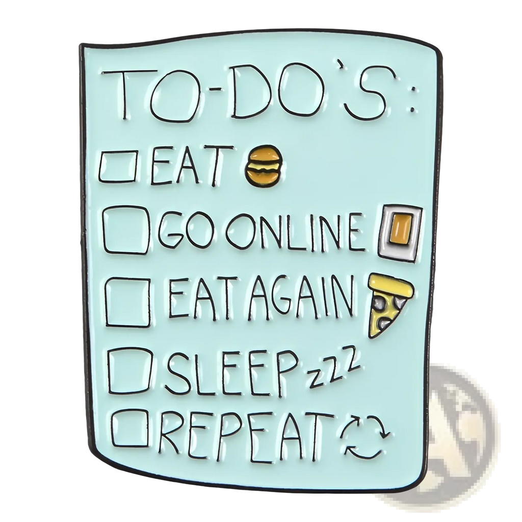 Light blue enamel pin shaped like a to-do list with black text and food icons from toothpaste smile collection