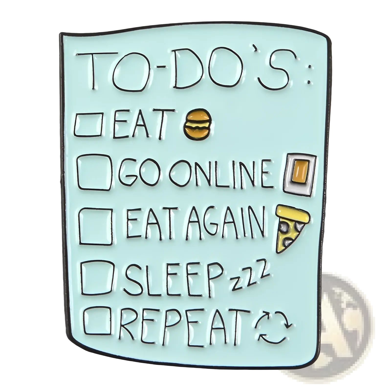 Light blue enamel pin shaped like a to-do list with black text and food icons from toothpaste smile collection