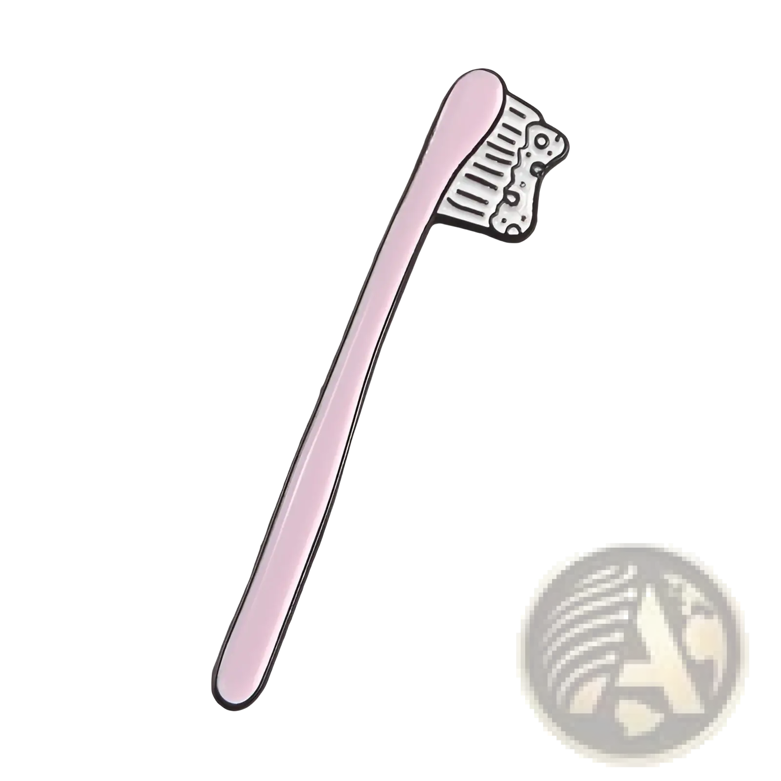 Pink enamel pin shaped like a toothbrush with white bristles and black outlines from toothpaste smile collection
