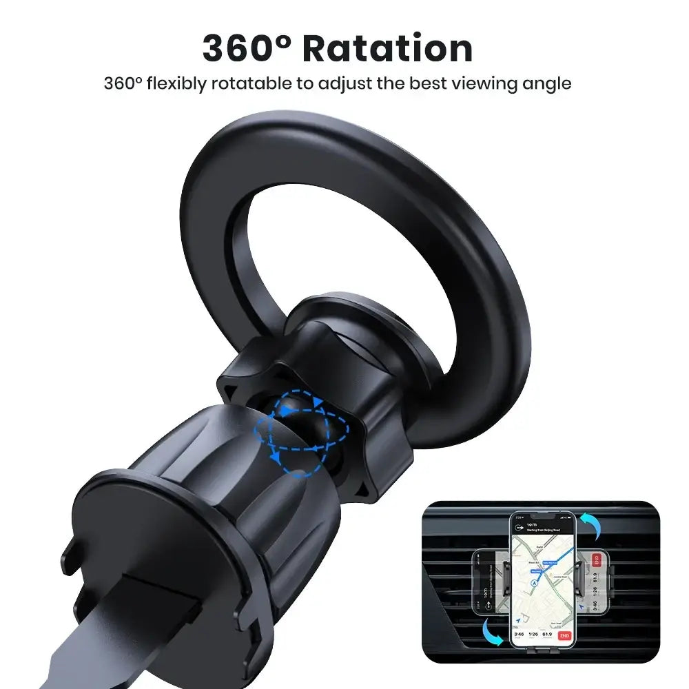 Black topk magnetic car phone holder with 360-degree rotatable suction cup base and adjustable ring for magsafe